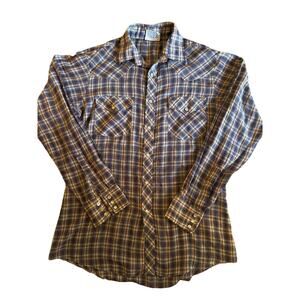 Vintage Saturdays Medium Blue Green Red Tattersall Plaid Pearl Snap Western